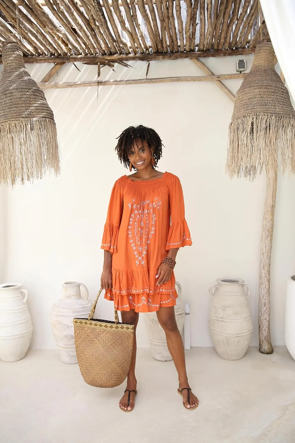 SHU-SHI Embroidered Sundress Short Off Shoulder Dresses for Women Bell Sleeve Boho Top