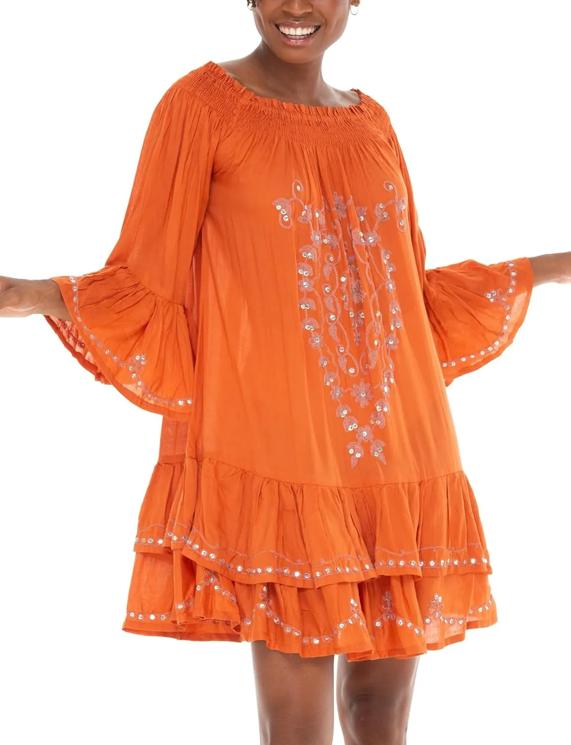 SHU-SHI Embroidered Sundress Short Off Shoulder Dresses for Women Bell Sleeve Boho Top