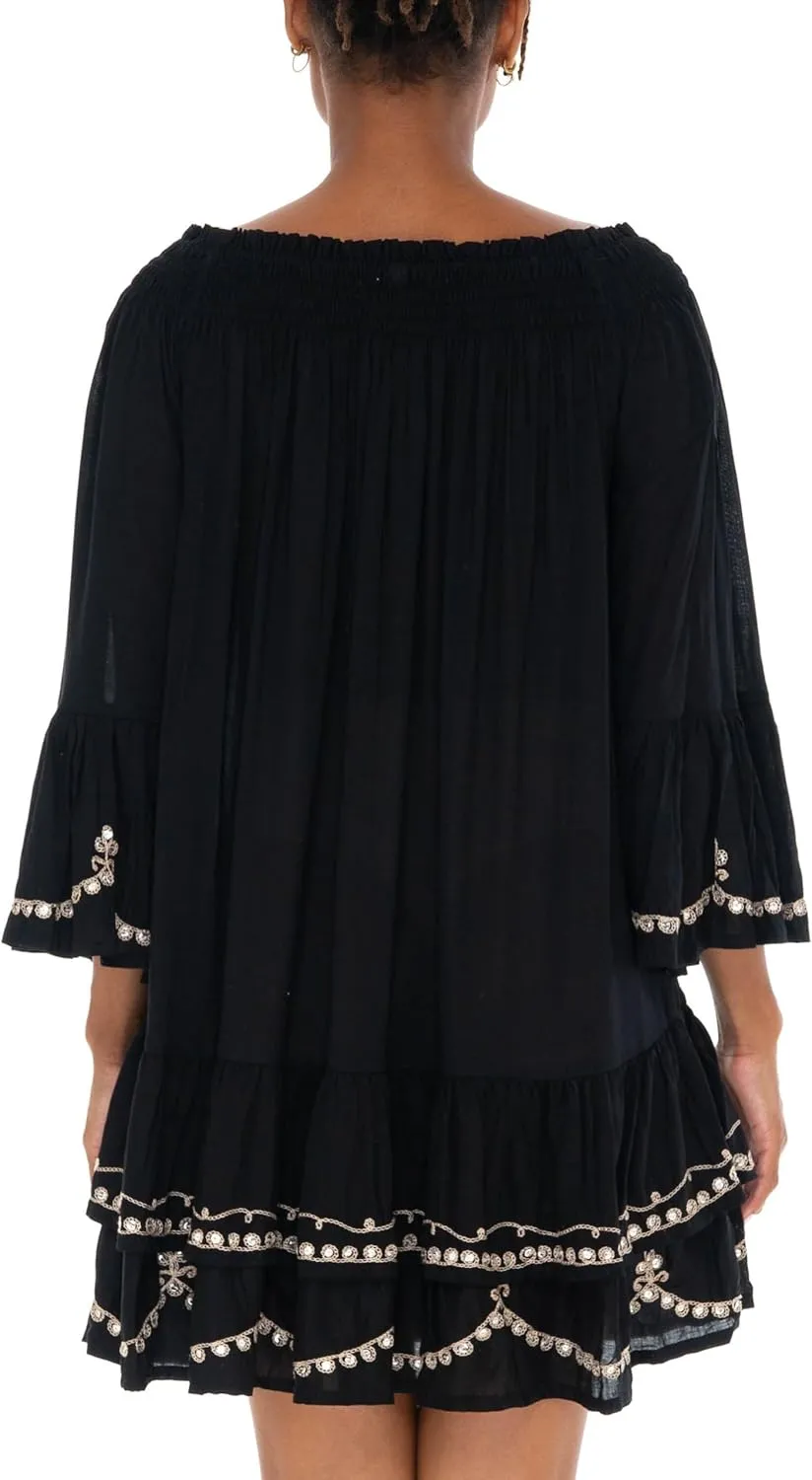 SHU-SHI Embroidered Sundress Short Off Shoulder Dresses for Women Bell Sleeve Boho Top