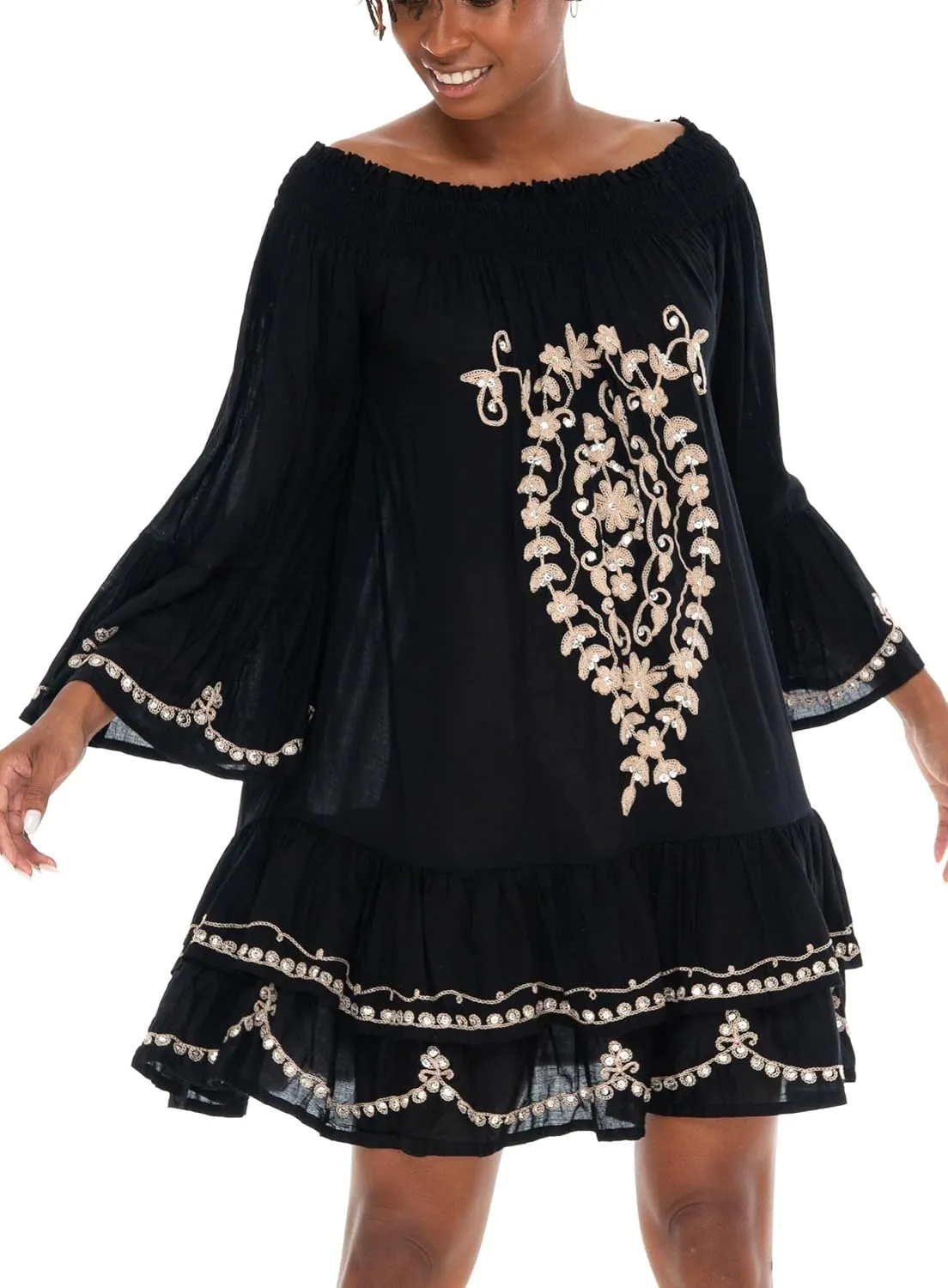 SHU-SHI Embroidered Sundress Short Off Shoulder Dresses for Women Bell Sleeve Boho Top
