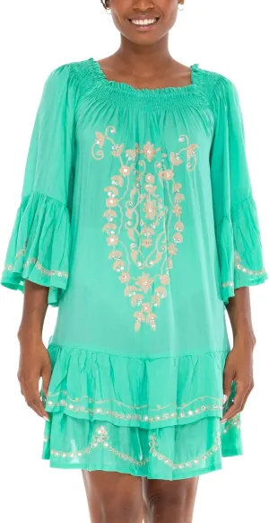 SHU-SHI Embroidered Sundress Short Off Shoulder Dresses for Women Bell Sleeve Boho Top