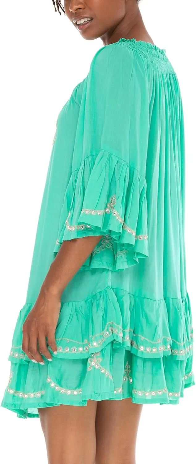 SHU-SHI Embroidered Sundress Short Off Shoulder Dresses for Women Bell Sleeve Boho Top