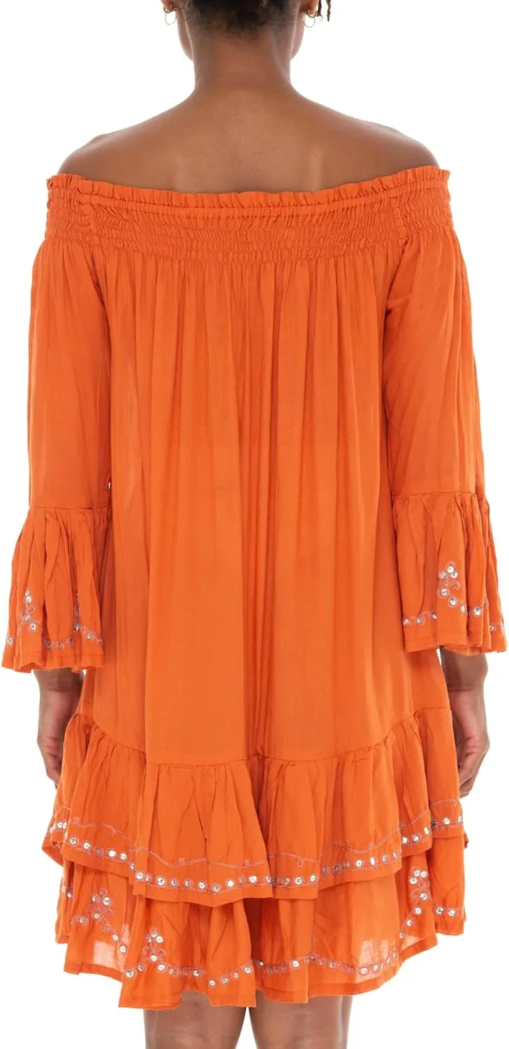 SHU-SHI Embroidered Sundress Short Off Shoulder Dresses for Women Bell Sleeve Boho Top