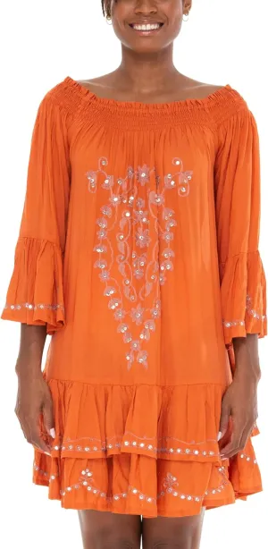 SHU-SHI Embroidered Sundress Short Off Shoulder Dresses for Women Bell Sleeve Boho Top