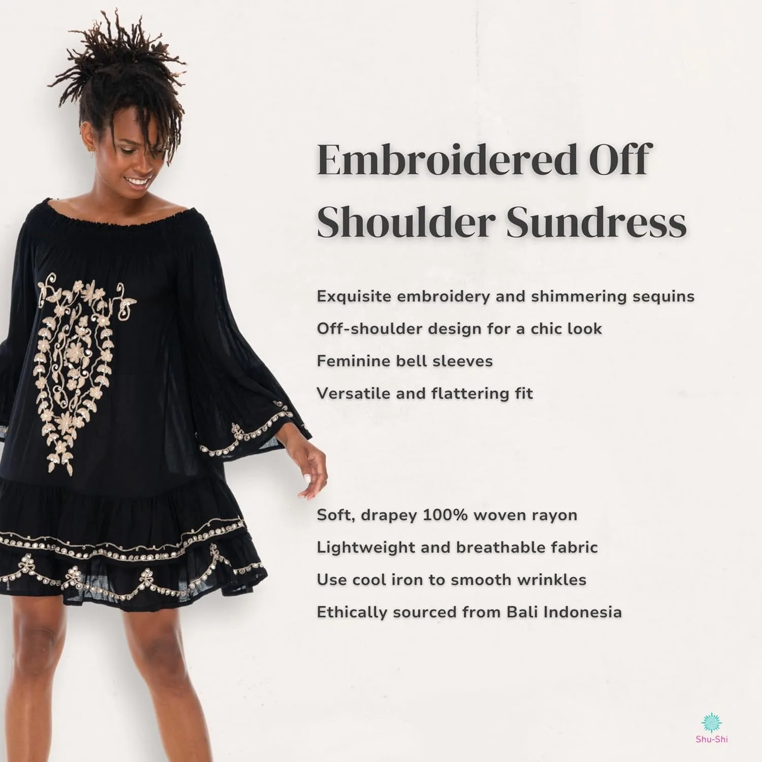 SHU-SHI Embroidered Sundress Short Off Shoulder Dresses for Women Bell Sleeve Boho Top