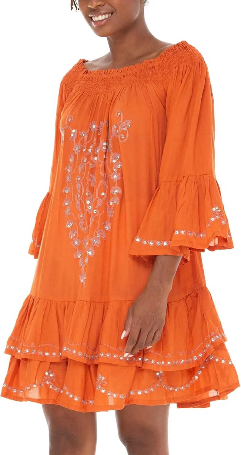 SHU-SHI Embroidered Sundress Short Off Shoulder Dresses for Women Bell Sleeve Boho Top
