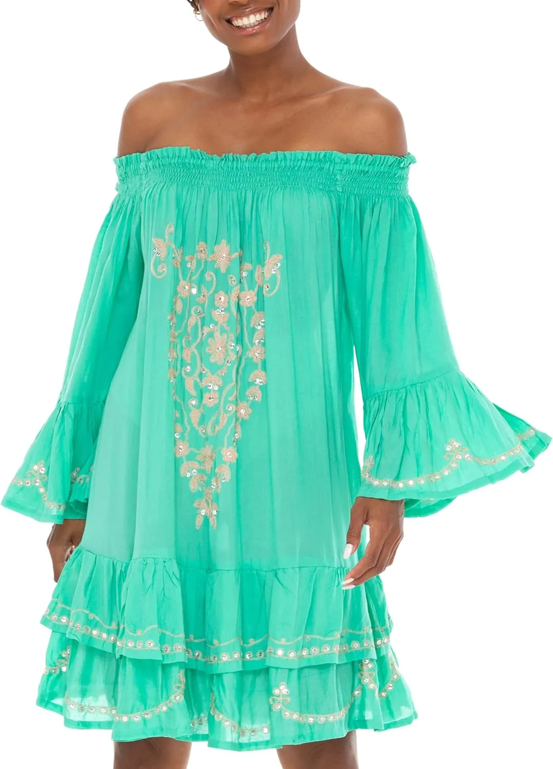 SHU-SHI Embroidered Sundress Short Off Shoulder Dresses for Women Bell Sleeve Boho Top