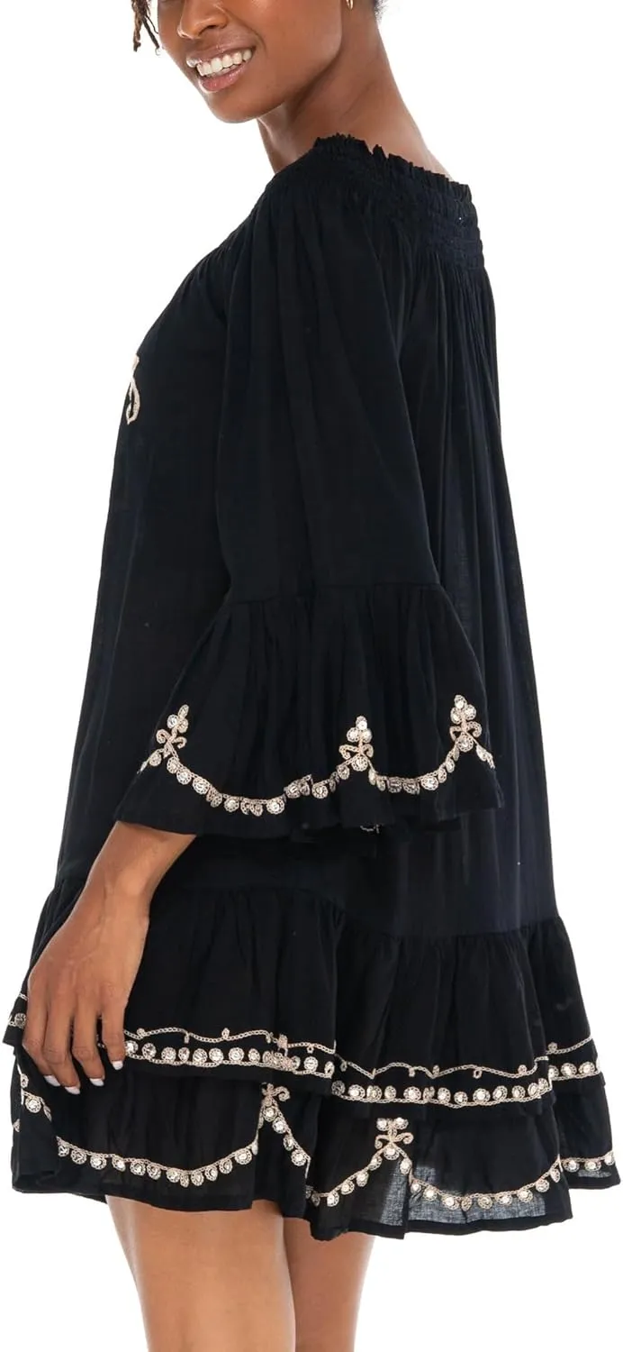 SHU-SHI Embroidered Sundress Short Off Shoulder Dresses for Women Bell Sleeve Boho Top