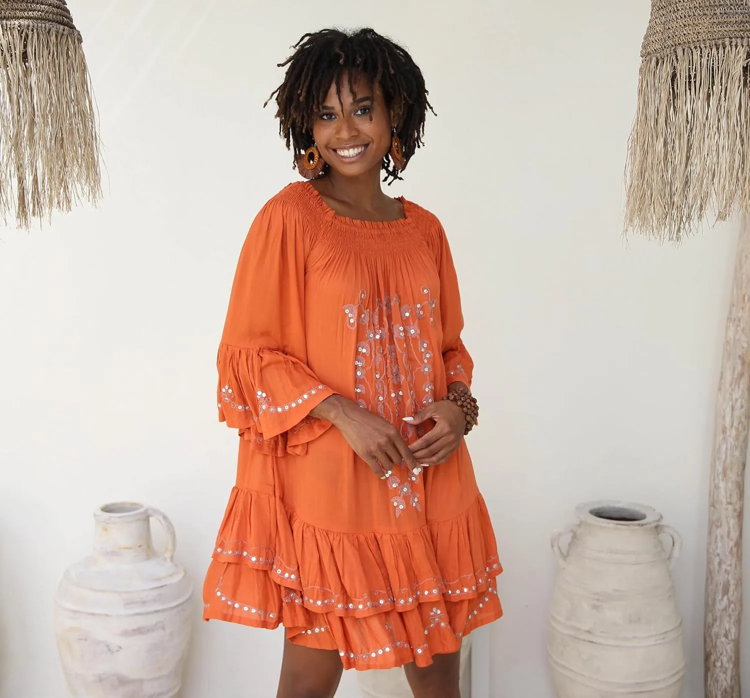 SHU-SHI Embroidered Sundress Short Off Shoulder Dresses for Women Bell Sleeve Boho Top