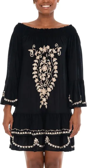 SHU-SHI Embroidered Sundress Short Off Shoulder Dresses for Women Bell Sleeve Boho Top