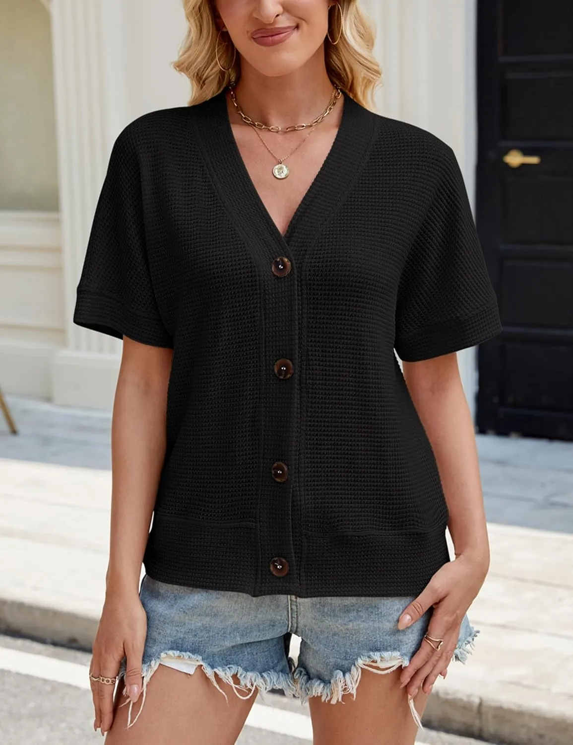 SimpleFun Womens Summer Tops Short Sleeve V Neck Waffle Knit Button Down Shirts Dressy Casual Blouses
