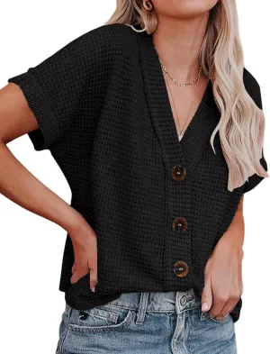 SimpleFun Womens Summer Tops Short Sleeve V Neck Waffle Knit Button Down Shirts Dressy Casual Blouses