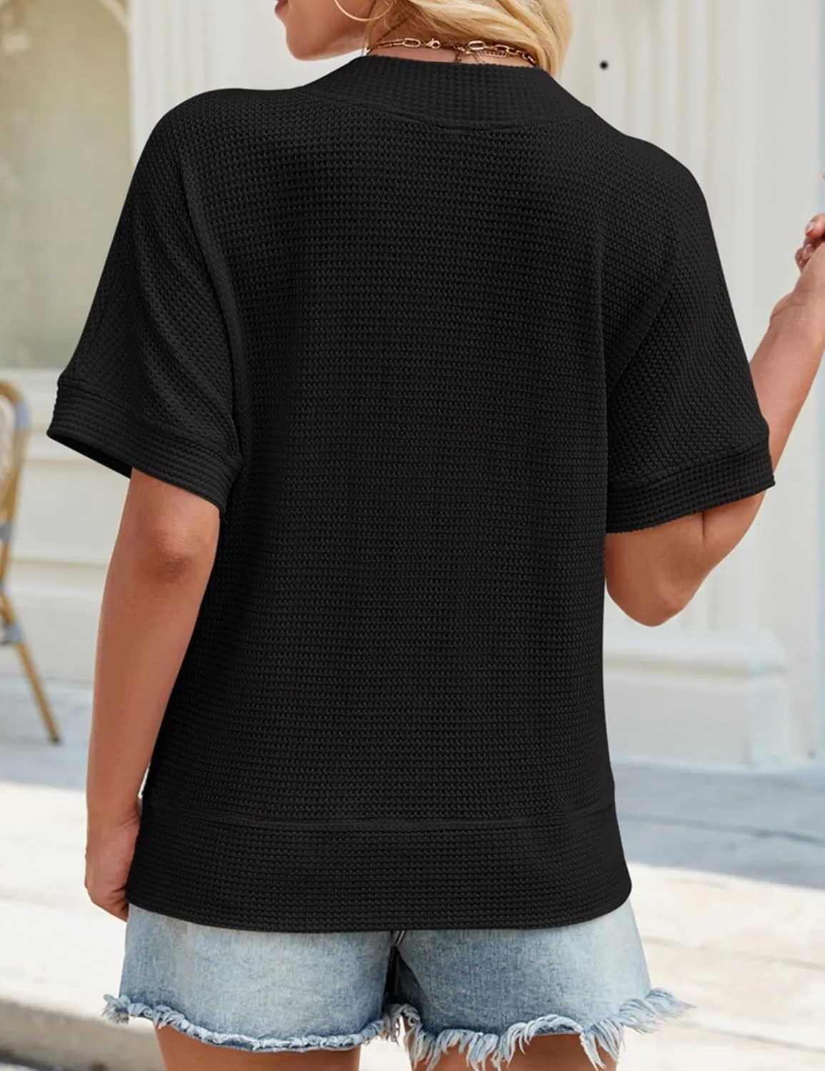 SimpleFun Womens Summer Tops Short Sleeve V Neck Waffle Knit Button Down Shirts Dressy Casual Blouses