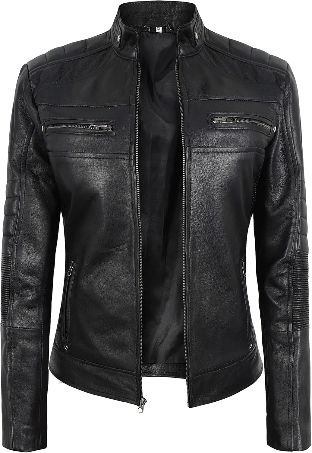 SKY-SELLER Women's Rose Gold Brando Leather Jacket - Ladies Motorcycle Studded Black Biker Jacket
