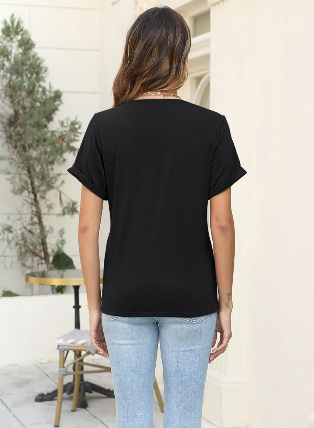 Soesdemo Womens Tshirts Short Rolled Sleeve Pleated Button Down V Neck Casual Dressy Summer Top Business Work Blouses Shirts