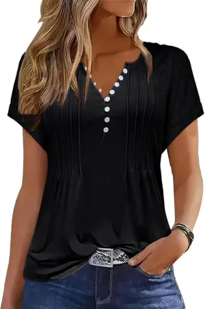Soesdemo Womens Tshirts Short Rolled Sleeve Pleated Button Down V Neck Casual Dressy Summer Top Business Work Blouses Shirts