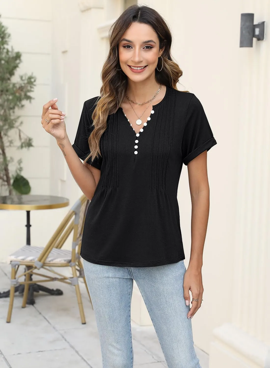 Soesdemo Womens Tshirts Short Rolled Sleeve Pleated Button Down V Neck Casual Dressy Summer Top Business Work Blouses Shirts