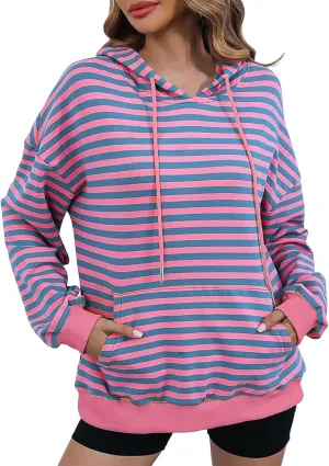 Striped Sweatshirt for Women Long Sleeve Hooded Sweatshirt Oversized Sweatshirt with Drawstring Fashion Hoodie