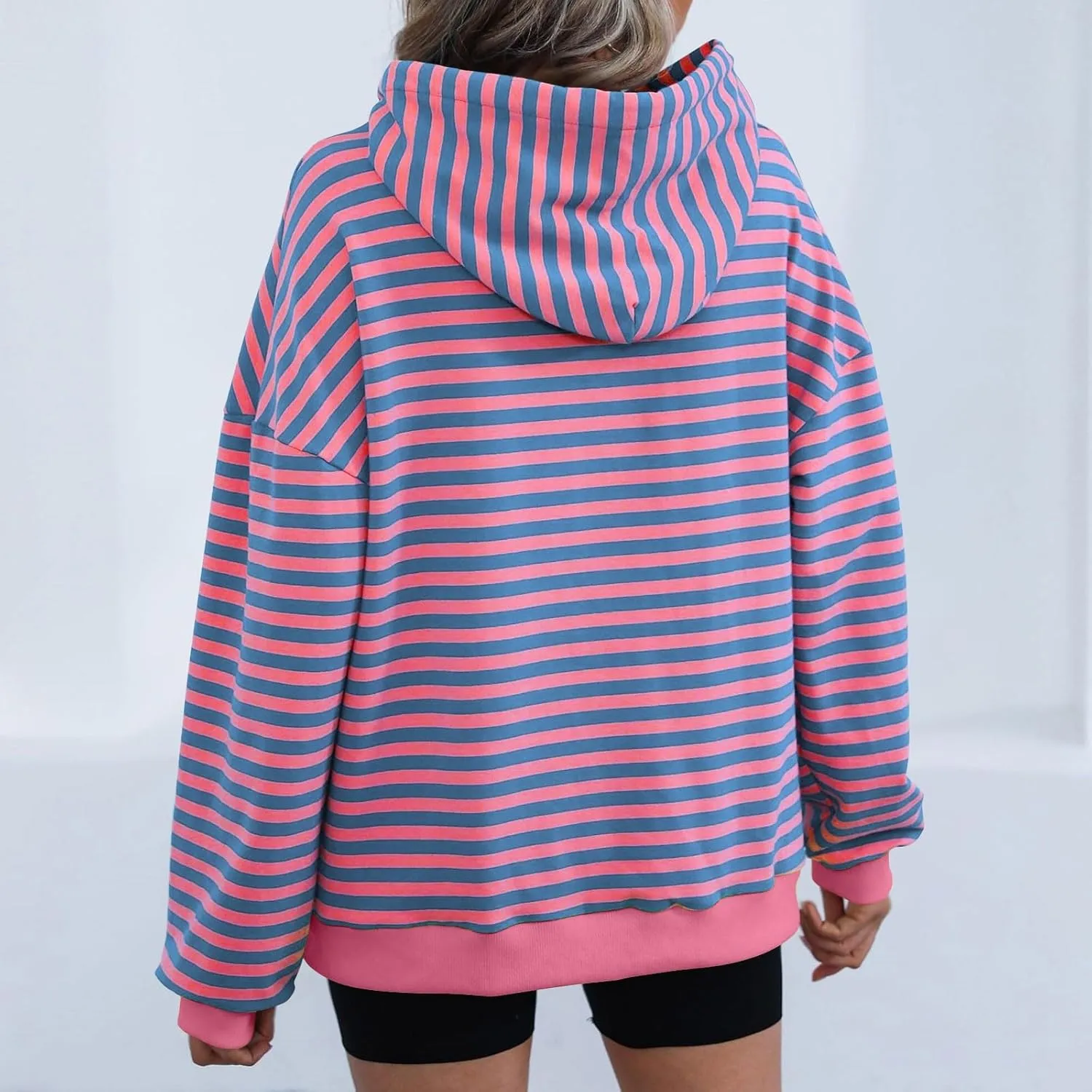 Striped Sweatshirt for Women Long Sleeve Hooded Sweatshirt Oversized Sweatshirt with Drawstring Fashion Hoodie