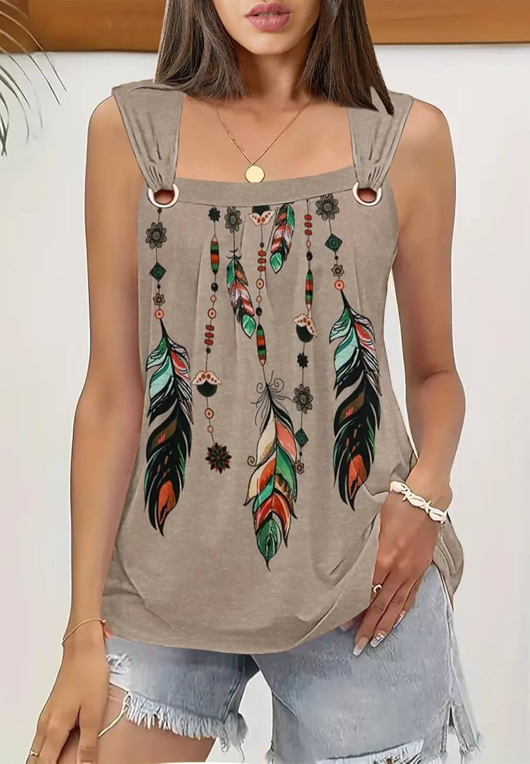 Summer Tank Tops for Women Pleated Square Neck O Ring Shoulder Sleeveless Shirts Casual Loose Fit Trendy Blouses