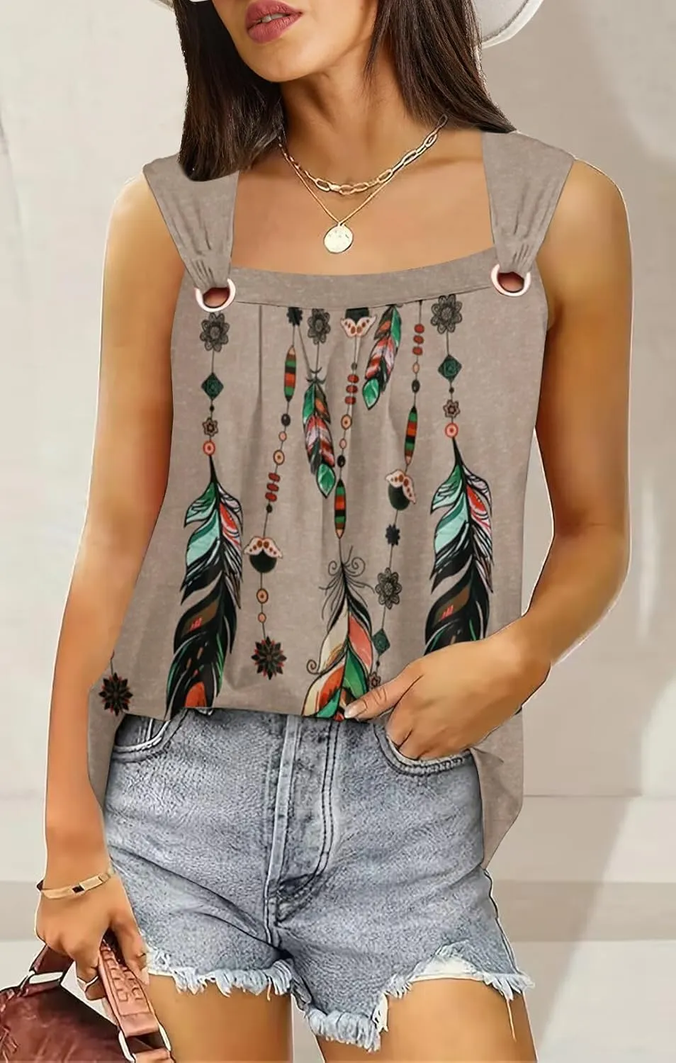 Summer Tank Tops for Women Pleated Square Neck O Ring Shoulder Sleeveless Shirts Casual Loose Fit Trendy Blouses
