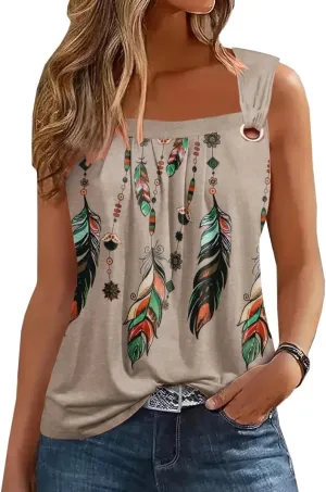 Summer Tank Tops for Women Pleated Square Neck O Ring Shoulder Sleeveless Shirts Casual Loose Fit Trendy Blouses