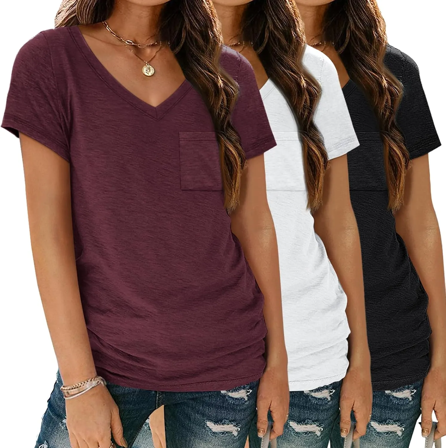SUNBS 3 Pack Womens V Neck T Shirts Short Sleeve Tees Lightweight Summer Tops with Pocket