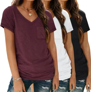 SUNBS 3 Pack Womens V Neck T Shirts Short Sleeve Tees Lightweight Summer Tops with Pocket
