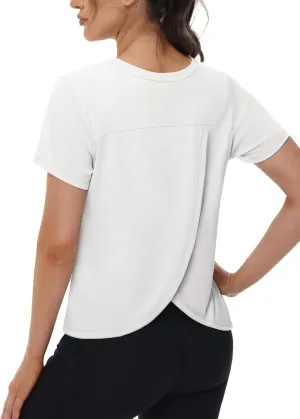 TACVASEN Workout Tops for Women Short Sleeve Cropped Split Back Athletic Shirts Breathable Exercise Running Gym Shirts