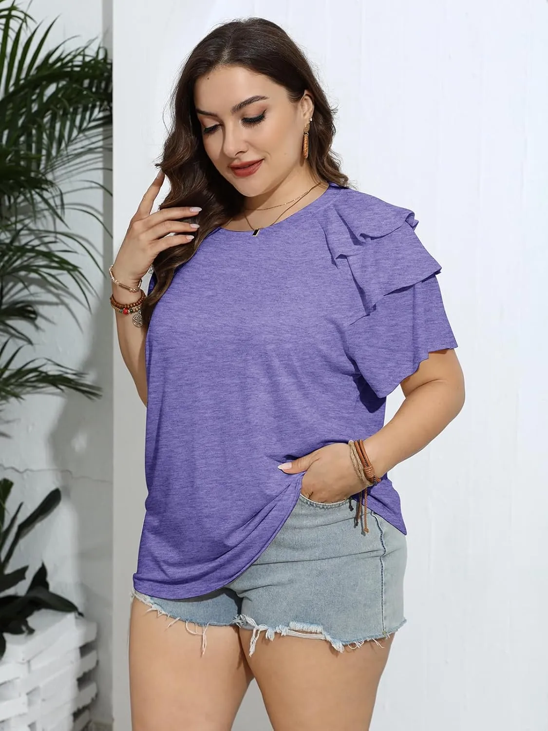 TAKEYAL Womens Plus Size Tops Ruffle Short Sleeve Crew Neck Solid T Shirts Casual Blouses Tunic Top 1XL-5XL