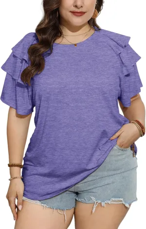 TAKEYAL Womens Plus Size Tops Ruffle Short Sleeve Crew Neck Solid T Shirts Casual Blouses Tunic Top 1XL-5XL