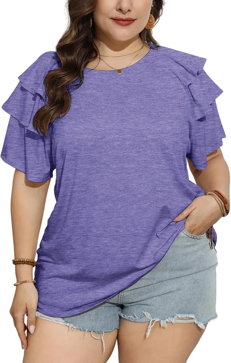 TAKEYAL Womens Plus Size Tops Ruffle Short Sleeve Crew Neck Solid T Shirts Casual Blouses Tunic Top 1XL-5XL