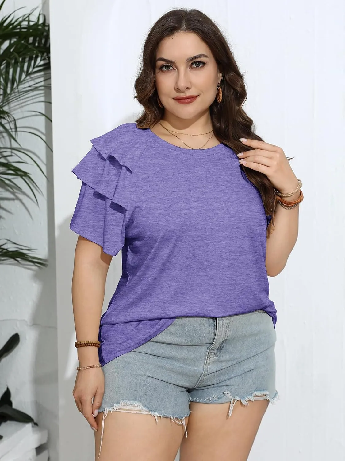TAKEYAL Womens Plus Size Tops Ruffle Short Sleeve Crew Neck Solid T Shirts Casual Blouses Tunic Top 1XL-5XL