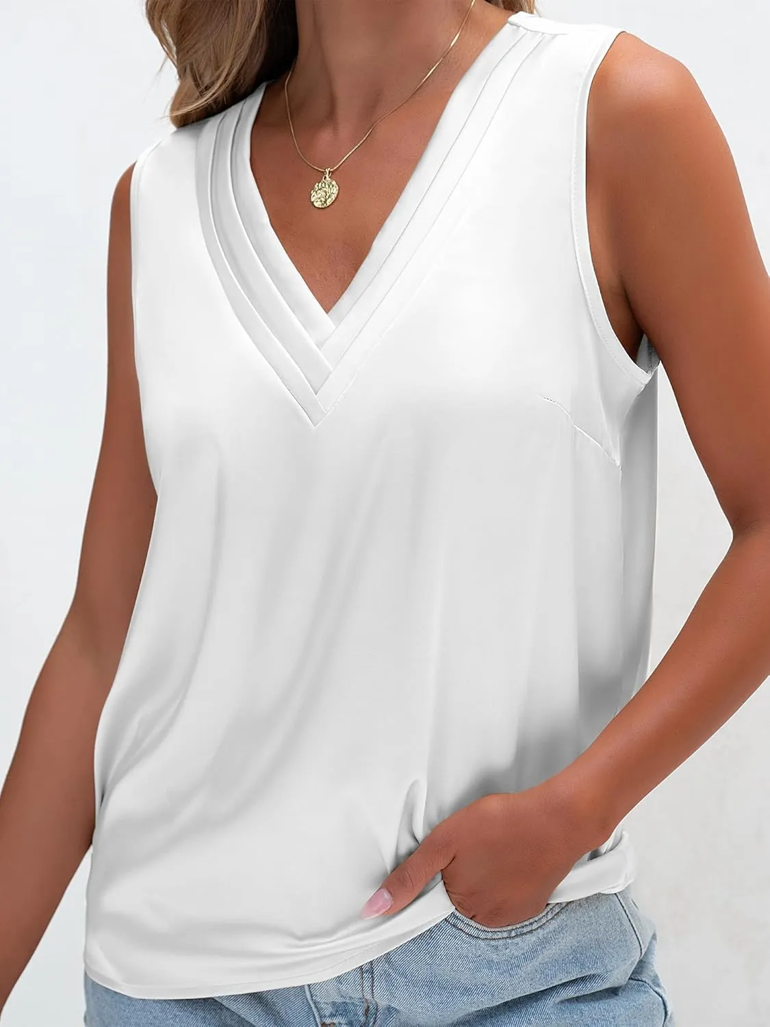 TAKEYAL Womens Summer Satin Tank Tops V Neck Sleeveless Dressy Shirts Casual Loose Tunic Tops Blouses