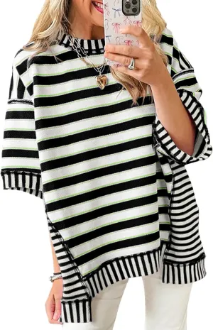 Tankaneo Womens Oversized Striped Shirt Summer Half Sleeve Tops Crew Neck Sweatshirts Casual Blouses