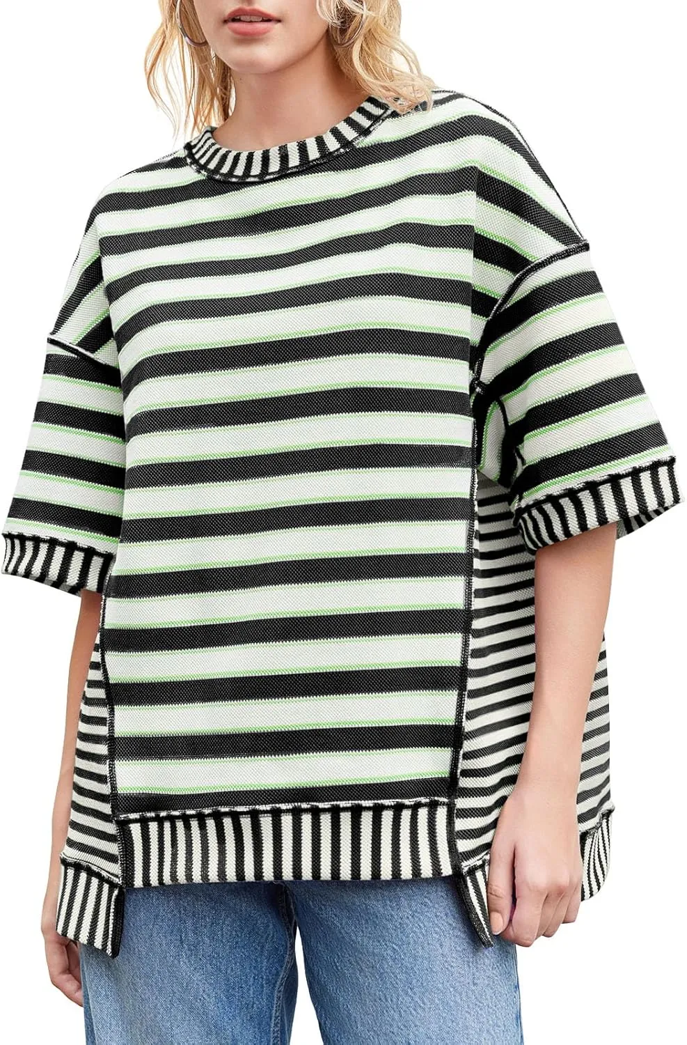 Tankaneo Womens Oversized Striped Shirt Summer Half Sleeve Tops Crew Neck Sweatshirts Casual Blouses