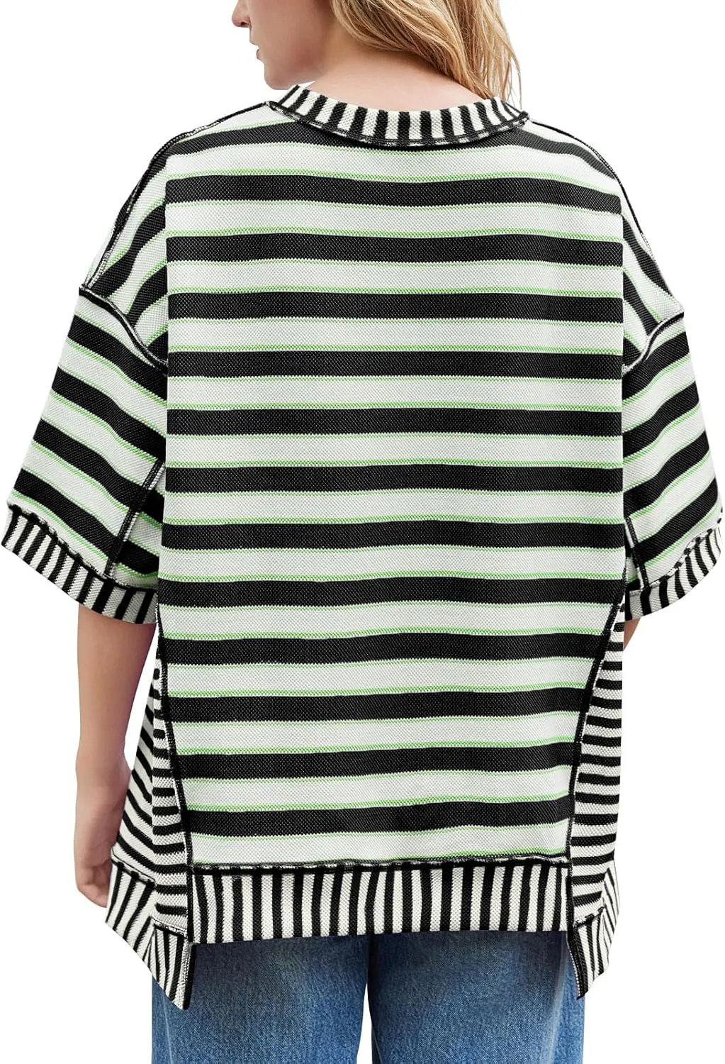 Tankaneo Womens Oversized Striped Shirt Summer Half Sleeve Tops Crew Neck Sweatshirts Casual Blouses