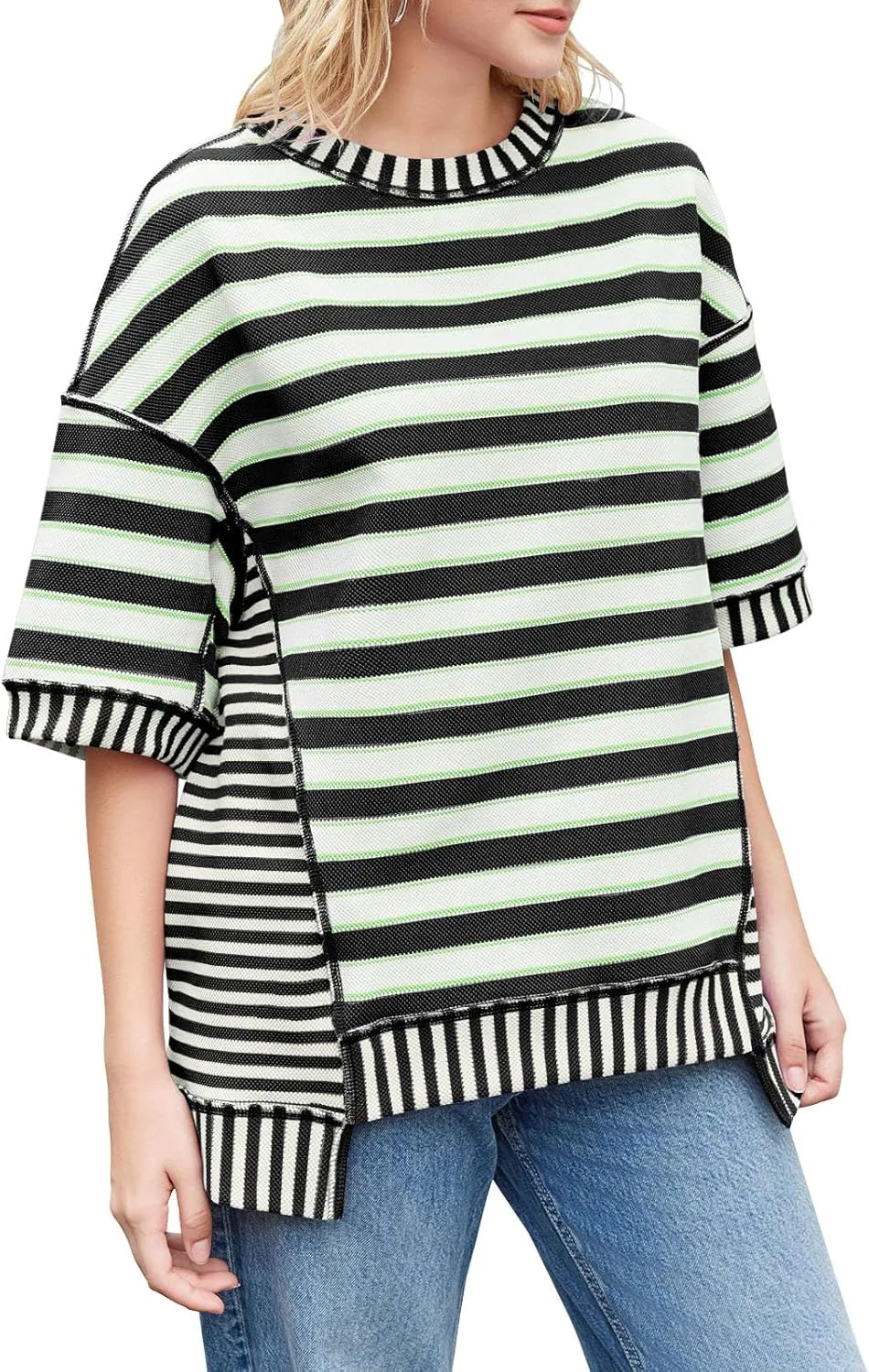 Tankaneo Womens Oversized Striped Shirt Summer Half Sleeve Tops Crew Neck Sweatshirts Casual Blouses