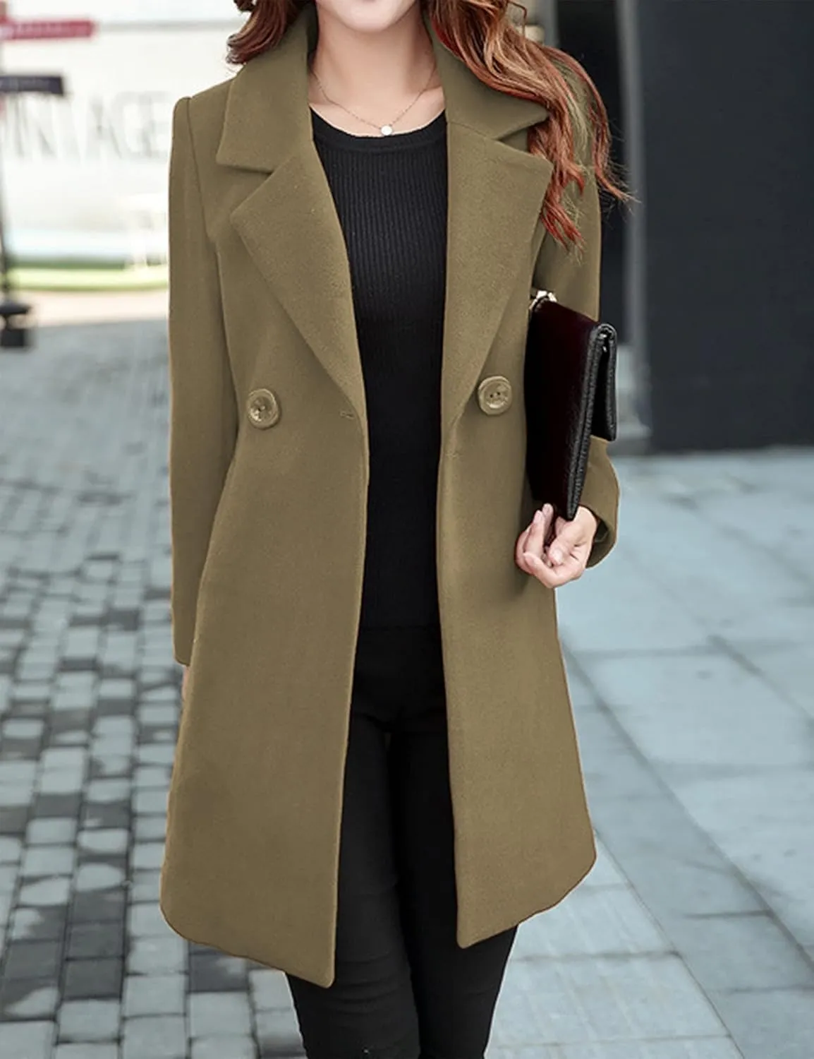 Tanming Womens Elegant Notched Collar Button Wool Blend Solid Long Pea Coat Overcoat