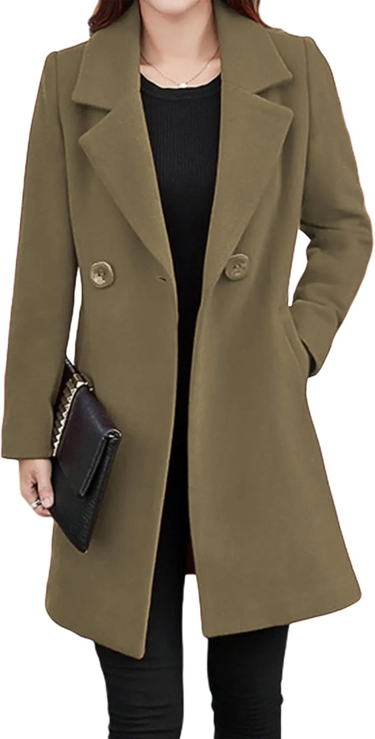 Tanming Womens Elegant Notched Collar Button Wool Blend Solid Long Pea Coat Overcoat