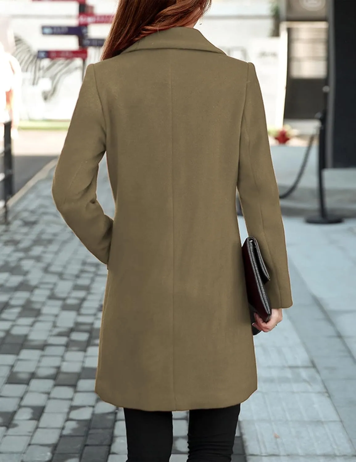 Tanming Womens Elegant Notched Collar Button Wool Blend Solid Long Pea Coat Overcoat