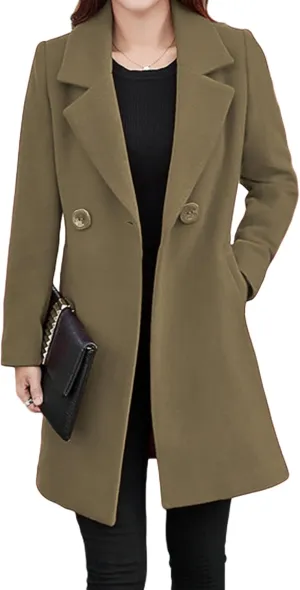 Tanming Womens Elegant Notched Collar Button Wool Blend Solid Long Pea Coat Overcoat