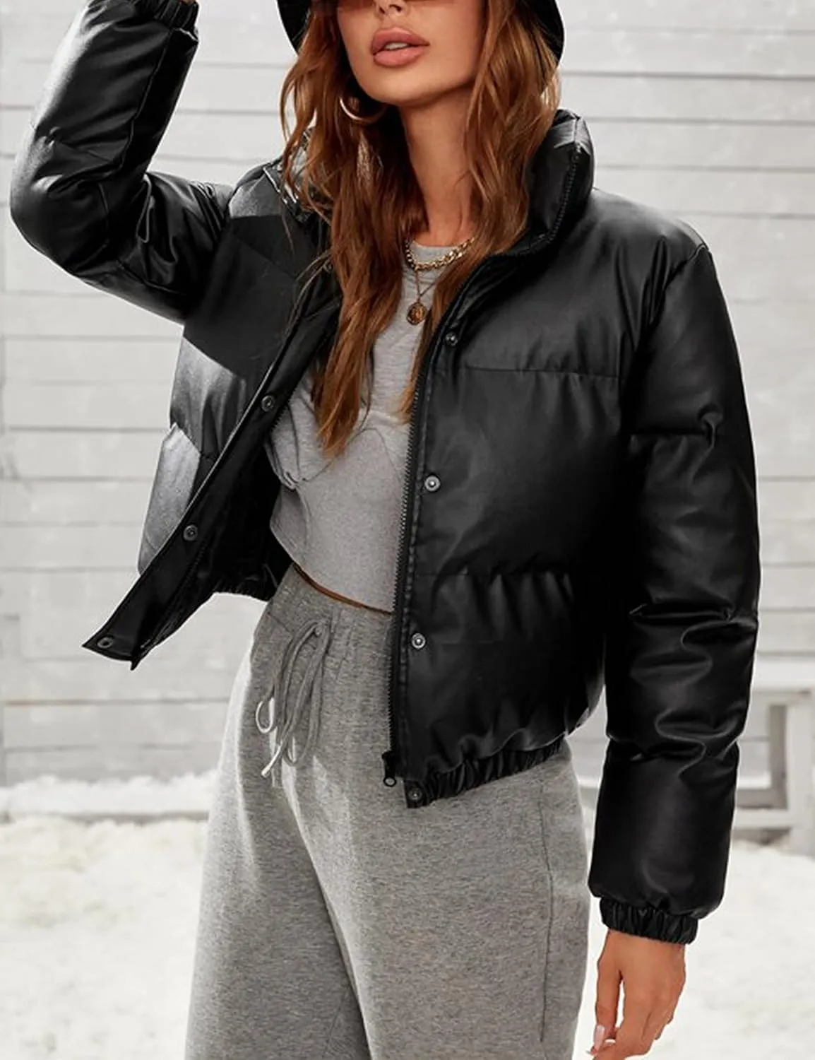 Tanming Womens Faux Leather Puffer Jacket Winter Long Sleeve Black Short Bubble Coat