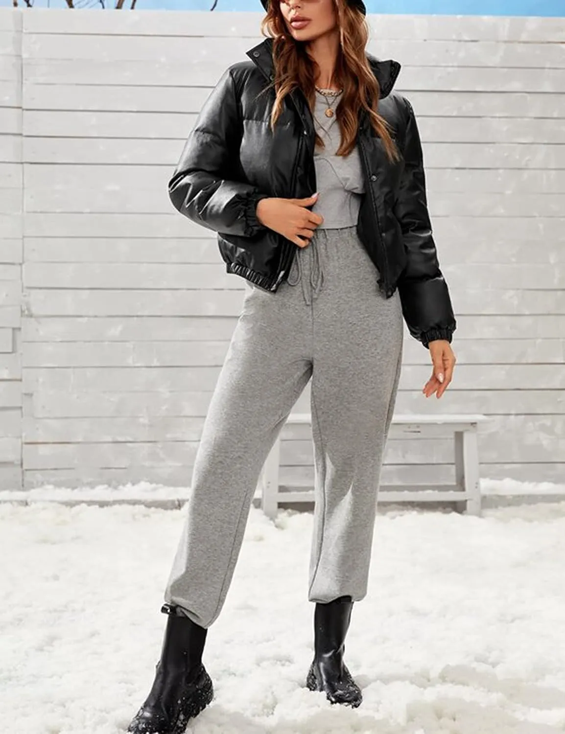 Tanming Womens Faux Leather Puffer Jacket Winter Long Sleeve Black Short Bubble Coat