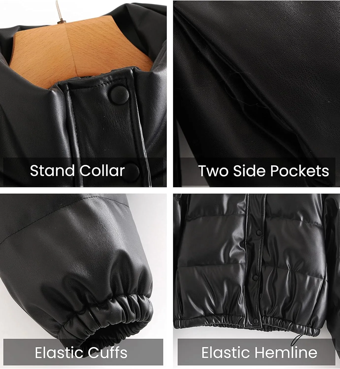 Tanming Womens Faux Leather Puffer Jacket Winter Long Sleeve Black Short Bubble Coat