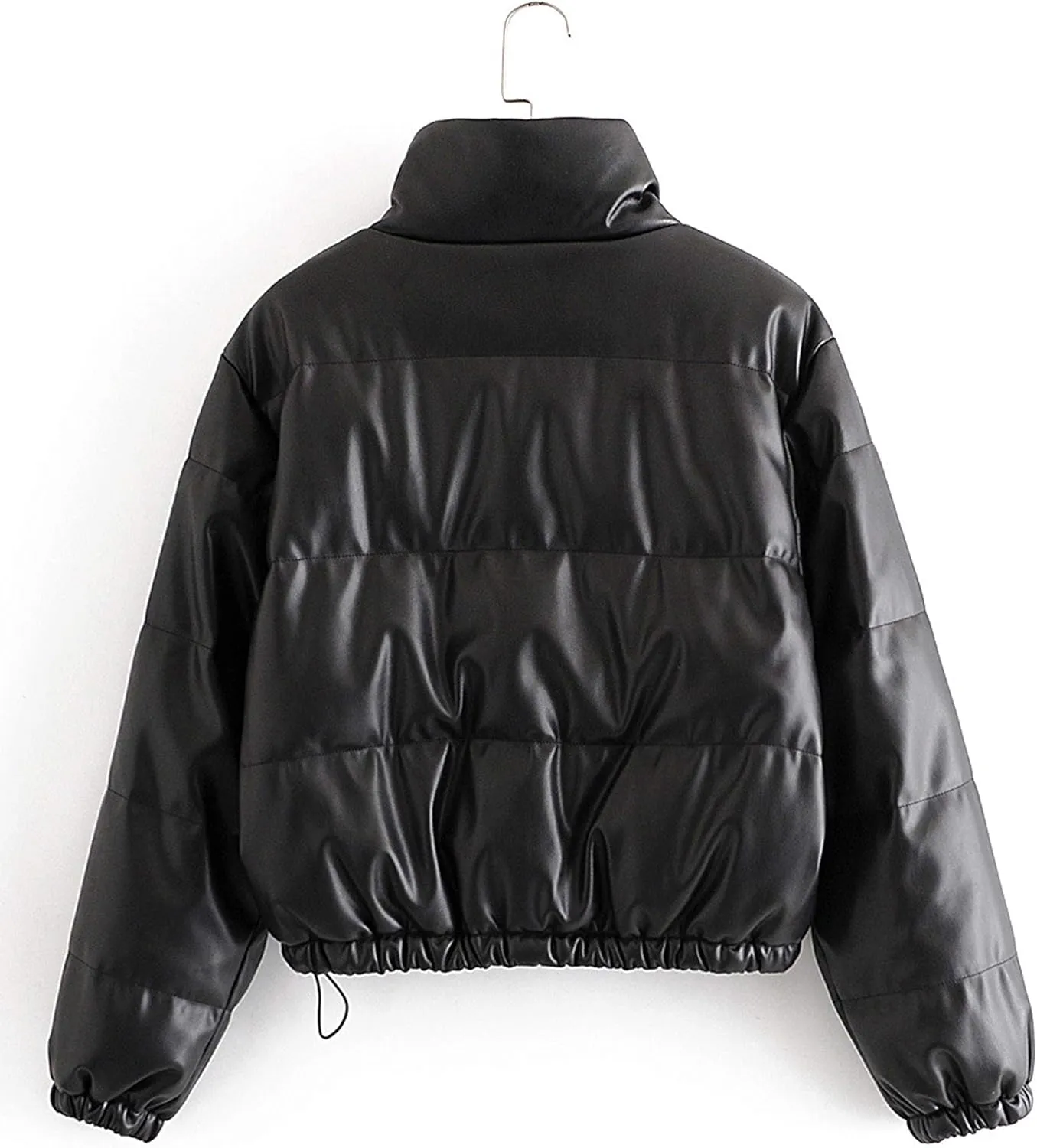 Tanming Womens Faux Leather Puffer Jacket Winter Long Sleeve Black Short Bubble Coat