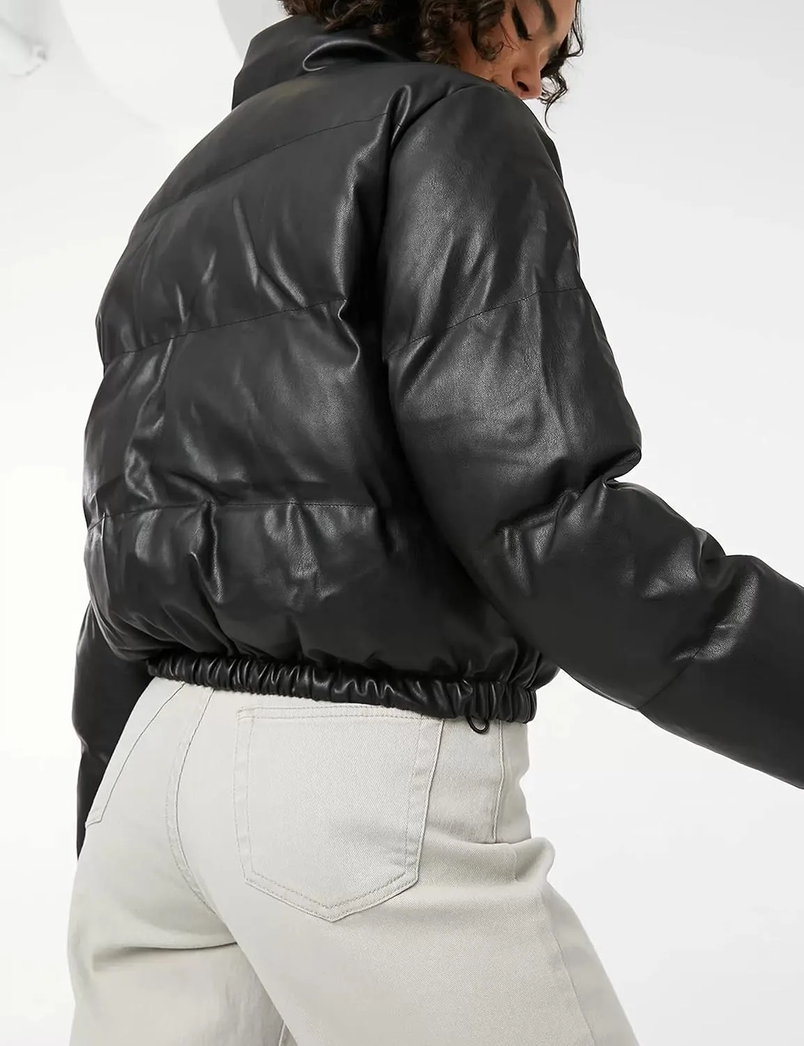 Tanming Womens Faux Leather Puffer Jacket Winter Long Sleeve Black Short Bubble Coat