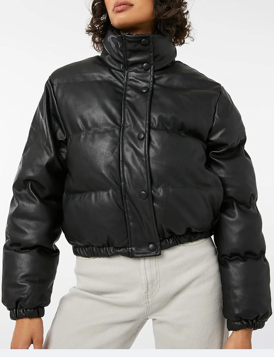 Tanming Womens Faux Leather Puffer Jacket Winter Long Sleeve Black Short Bubble Coat