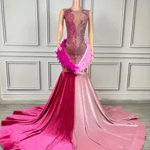 Trend4us Women's Glamorous Crystal Rhinestone Feather Mermaid Gown