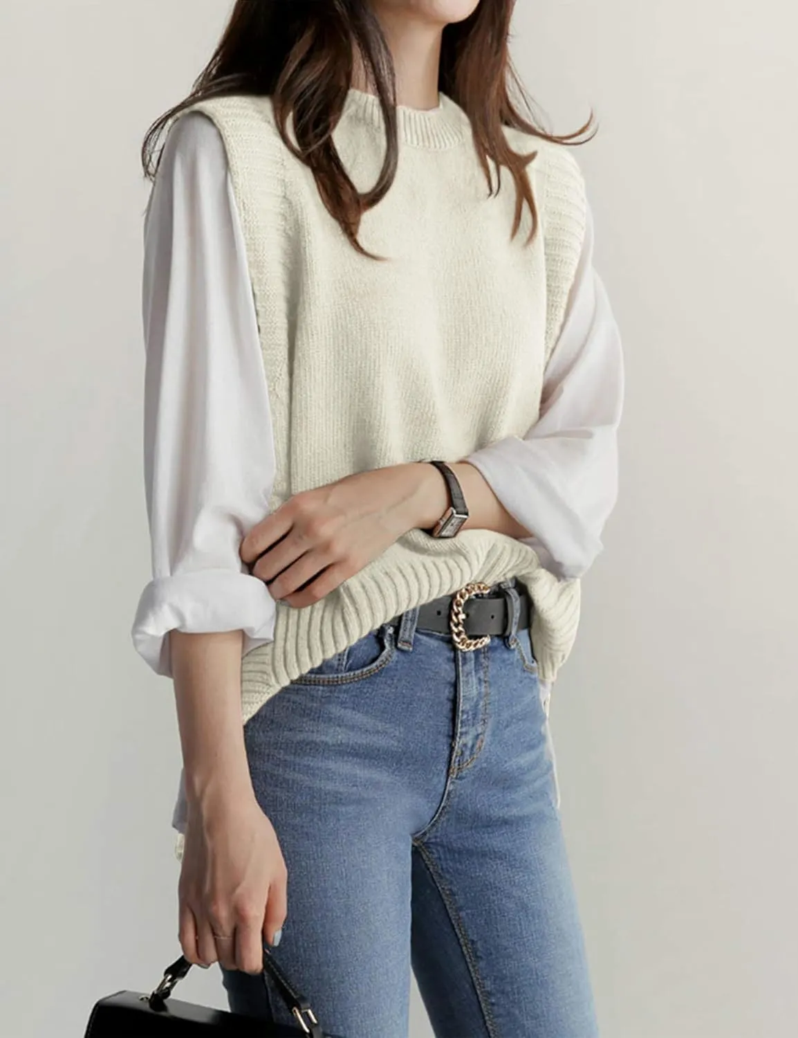UANEO Women's Basic Round Neck Sleeveless High Low Pullover Knit Sweater Vest